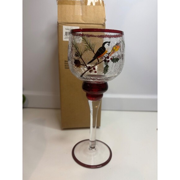 NEW Yankee Candle Crackled Glass Votive STEM Candleholder WINTER Birds 8.5”H - Picture 3 of 8